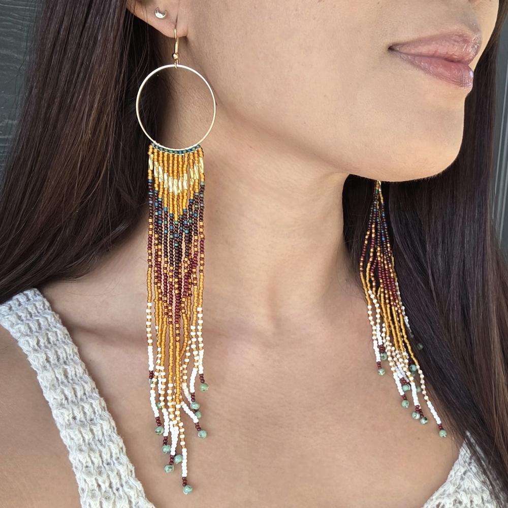 Geo Ultra Long Boho Beaded Fringe Earrings Handmade Western Jewelry Boheme